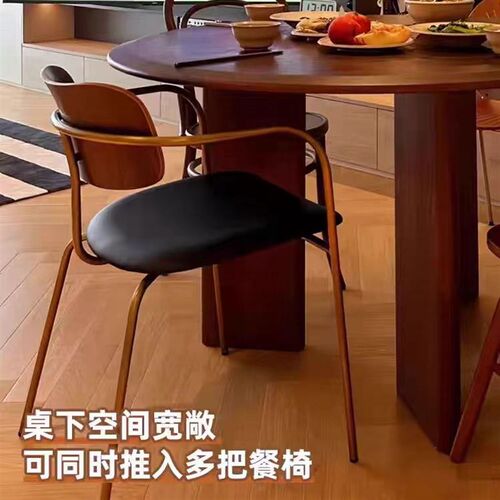 中古风家用圆形餐桌法式复古设计师实木圆桌小户型胡桃木实木饭桌