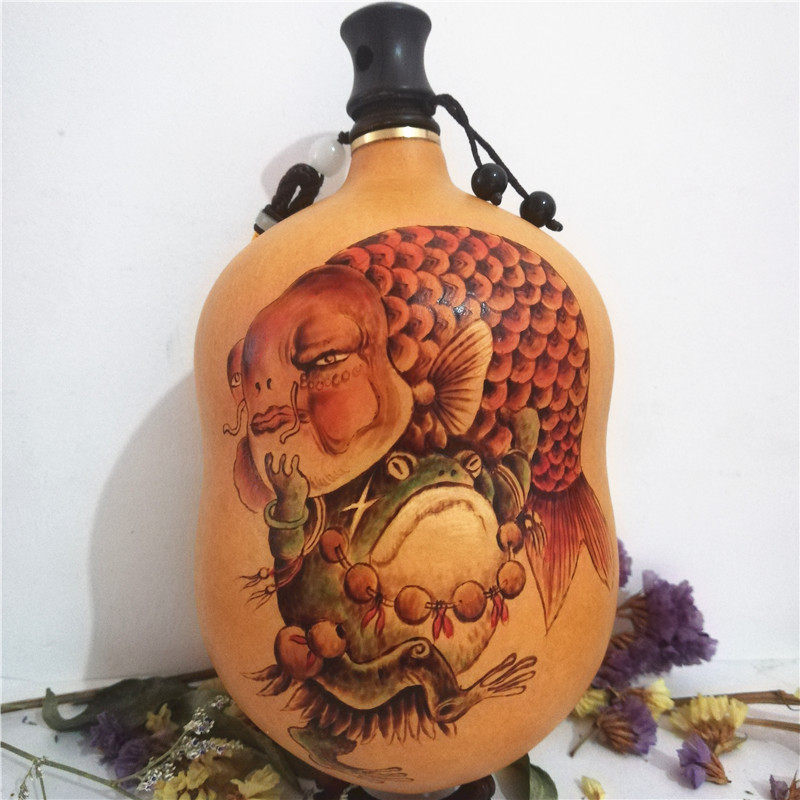 装水天然酒葫芦蜂蜡防渗随身带收藏彩绘烙画墨刻酒壶手工艺品摆件