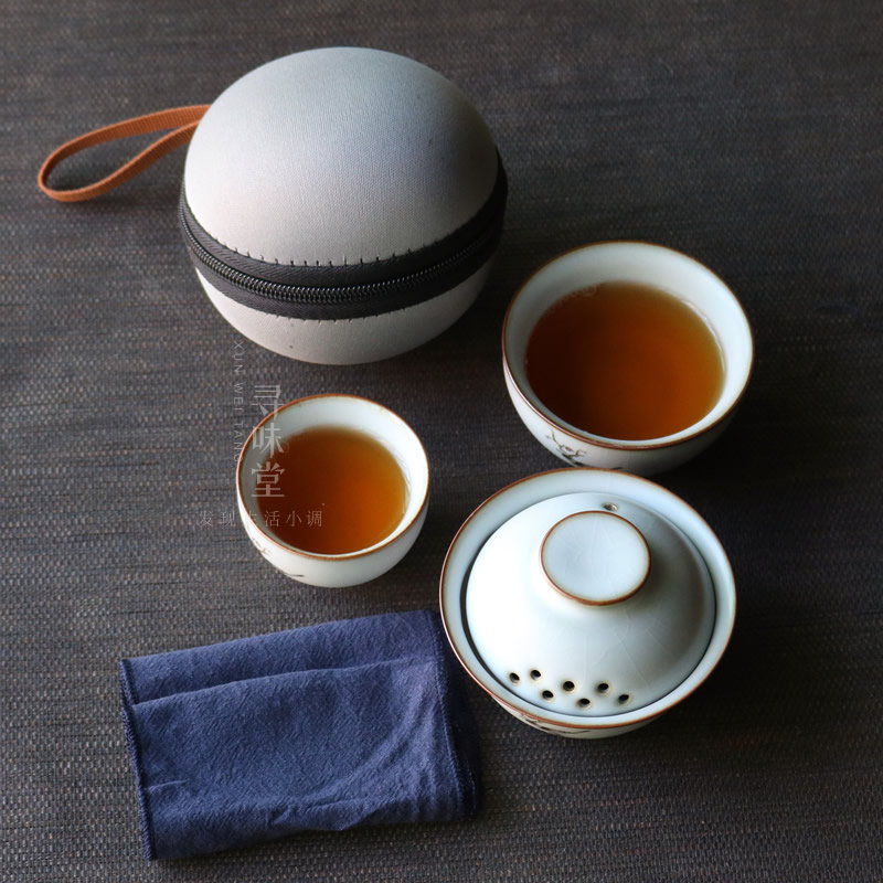 月白汝窑旅行茶具组 白色陶瓷便携快客杯功夫茶具 随身携带茶具包