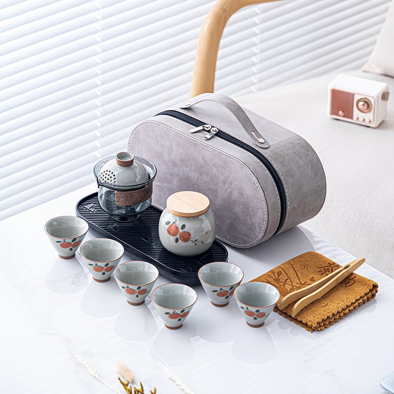 冰片釉手绘柿子六杯户外便携旅行茶具釉下彩开片功夫套装LOGO定制