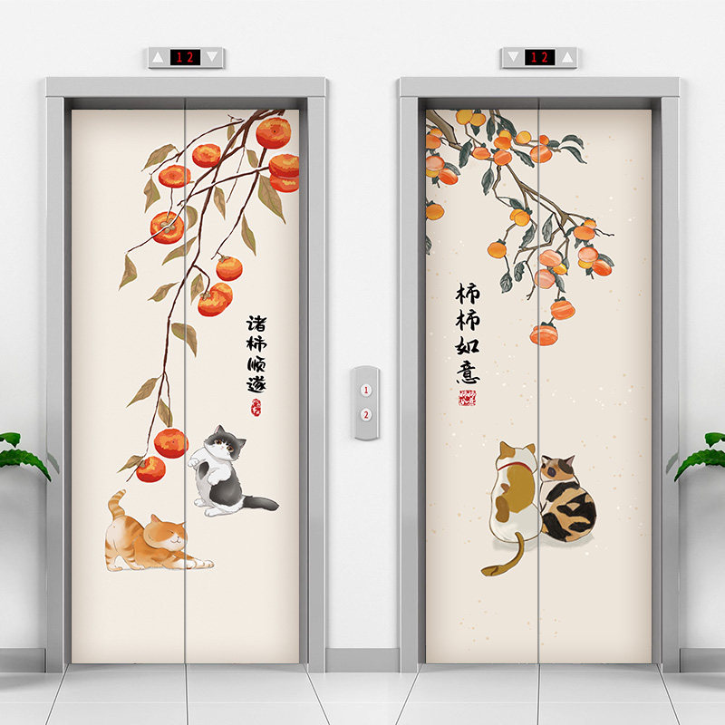 电梯门贴纸高级感美化贴新中式中国风改造遮丑壁纸装饰画创意定制