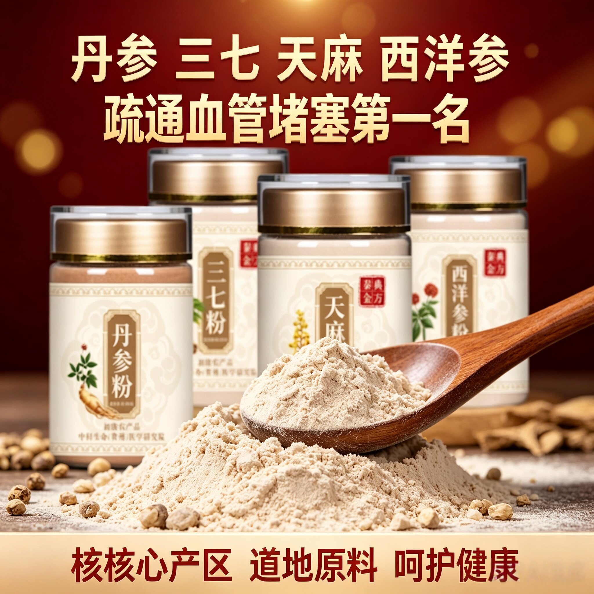 百分百药材四宝粉云南文山三七粉纯丹参粉西洋参粉天麻粉组合纯中药疏通血管堵塞现磨细粉纯粉100g瓶装真材实料粉质细腻