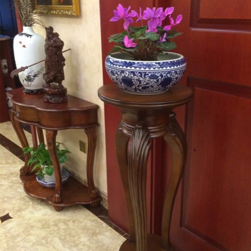 美式实木花架圆形高脚花几客厅奢华角落架落地花盆架简约置物架