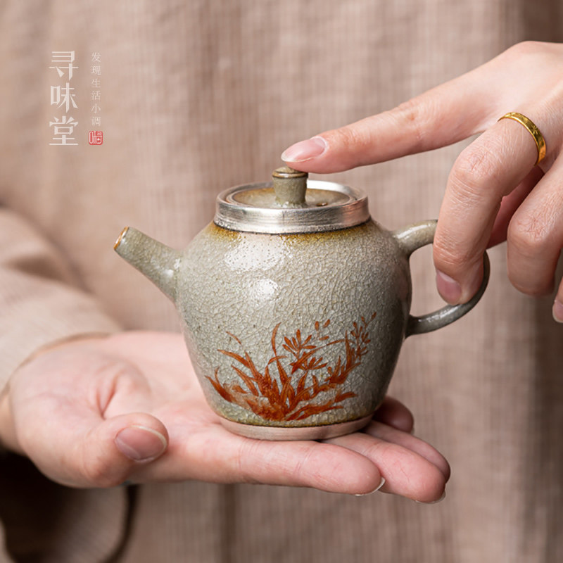 冰花釉鎏银兰花小茶壶高档开片陶瓷复古中式家用功夫茶具单壶