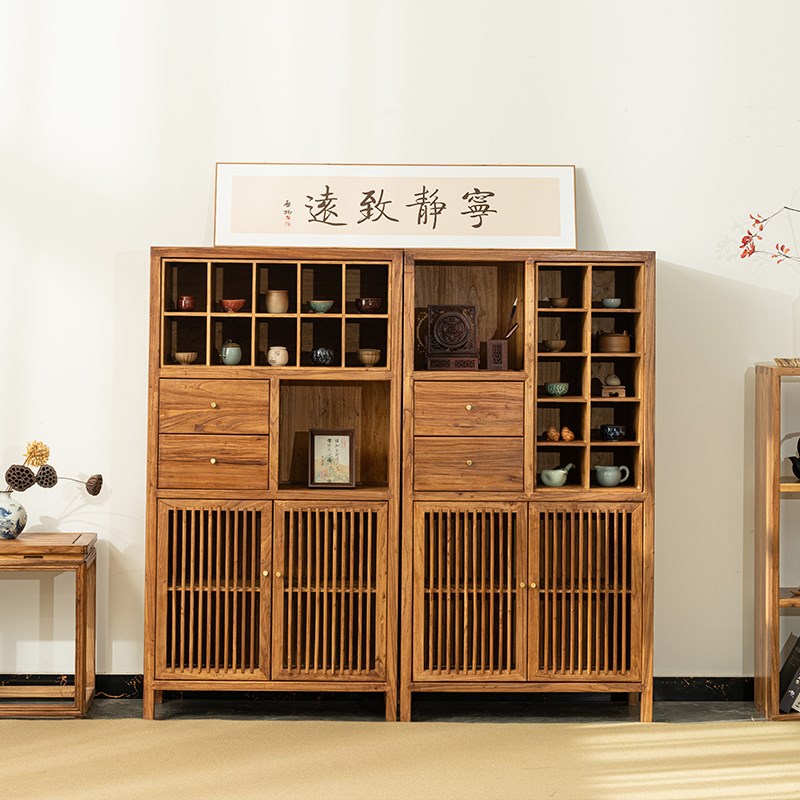 新中式榆木博古架实木茶室置物架茶叶展示柜多宝阁客厅摆件架子
