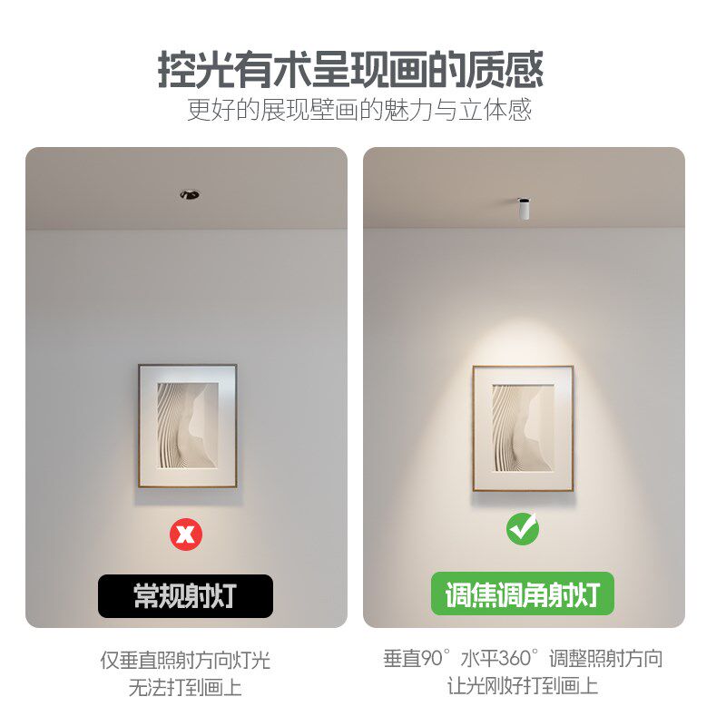 明装免打孔创意射灯变焦万向旋转可调光束角客厅吸顶照画吧台聚光