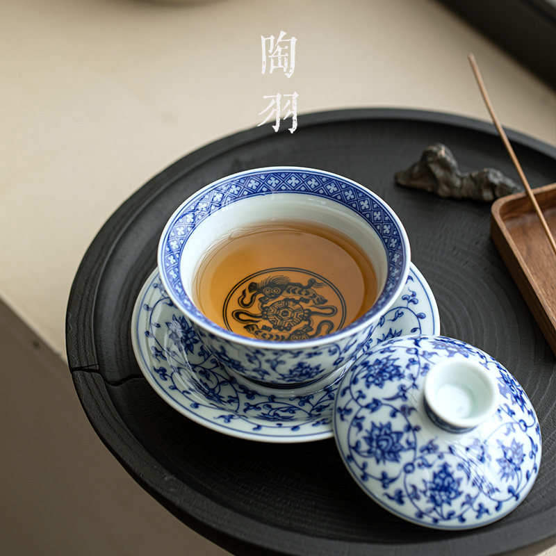 青花陶瓷大号盖碗手工家用三才碗功夫茶具泡茶器防烫茶碗茶杯单个