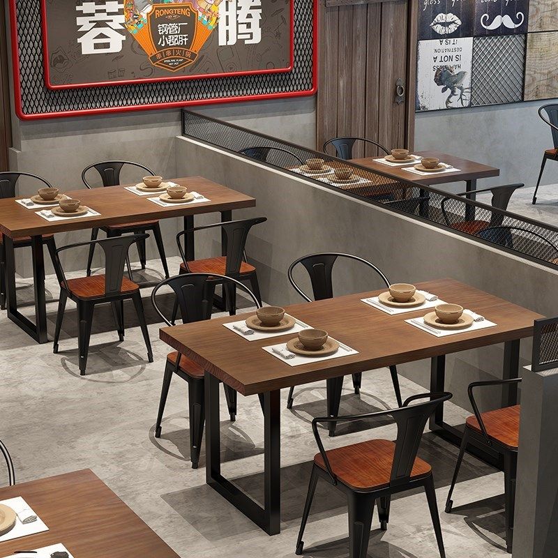 复古火锅烧烤店餐桌椅组合工业风咖啡休闲桌子实木长方形餐桌长凳