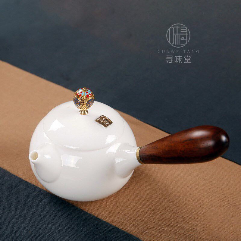 羊脂玉瓷堆金侧把壶高档白瓷茶壶唐月窑中式家用功夫茶具单壶