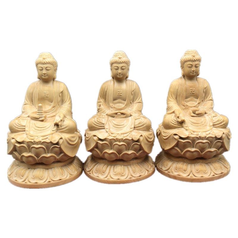 黄杨木雕三宝佛横三世佛像东方琉璃药师佛释迦摩尼佛西方阿弥陀佛