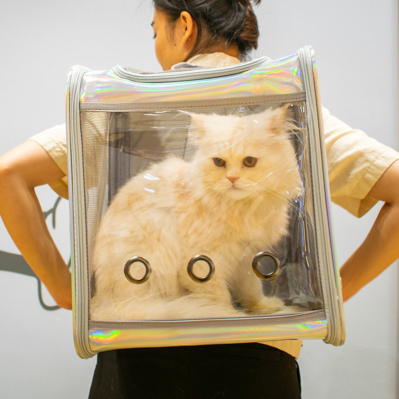 宠物猫包双肩大容量透明外出透气拉链镭射方糖可折叠便携猫咪狗犬
