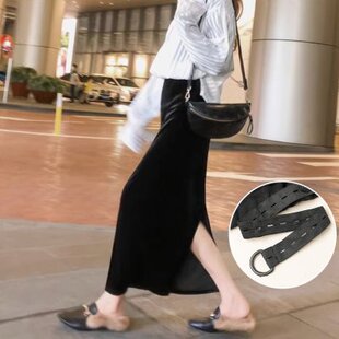 孕妇金丝绒半身裙女春秋季2024新款黑色开叉一步裙秋冬款包臀长裙
