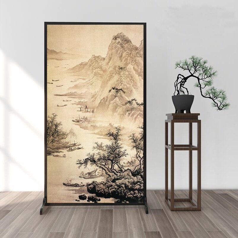 新中式山水字画屏风折叠客厅房间办公室隔断玄关卧室移动座屏
