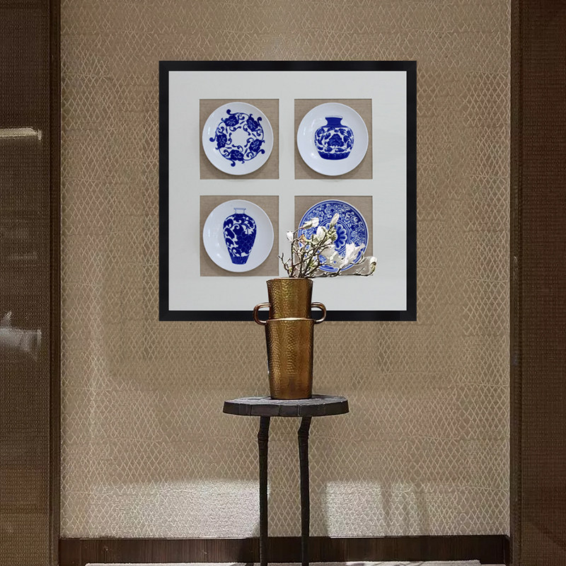新中式客厅装饰画禅意风景走廊过道挂画玄关样板间壁画青花瓷盘子