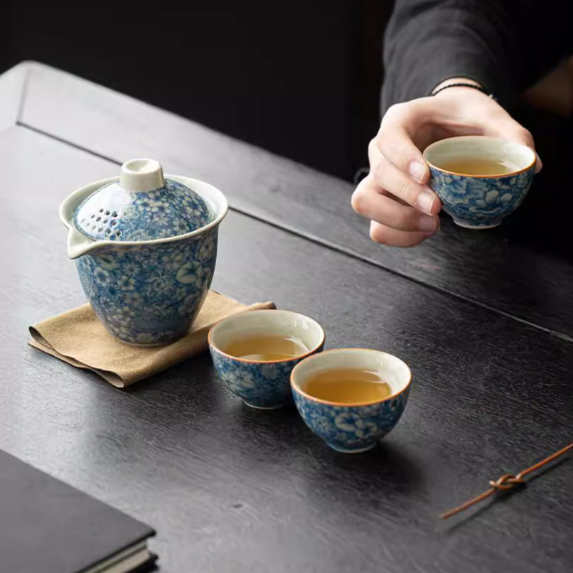 新款青花陶瓷快客杯功夫茶具便携