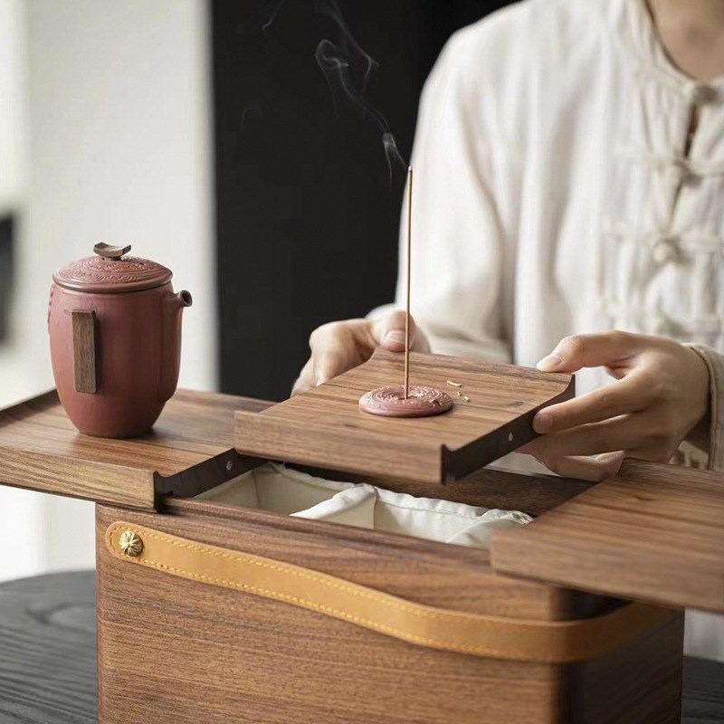 清欢丨胡桃木桌面收柜盒 便携式旅行茶具盒实木 客厅杯子储物盒