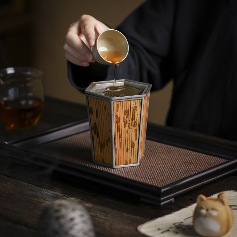 【 古篱 六方建水】锡竹茶渣斗茶具茶洗干泡茶具配件养壶水盂