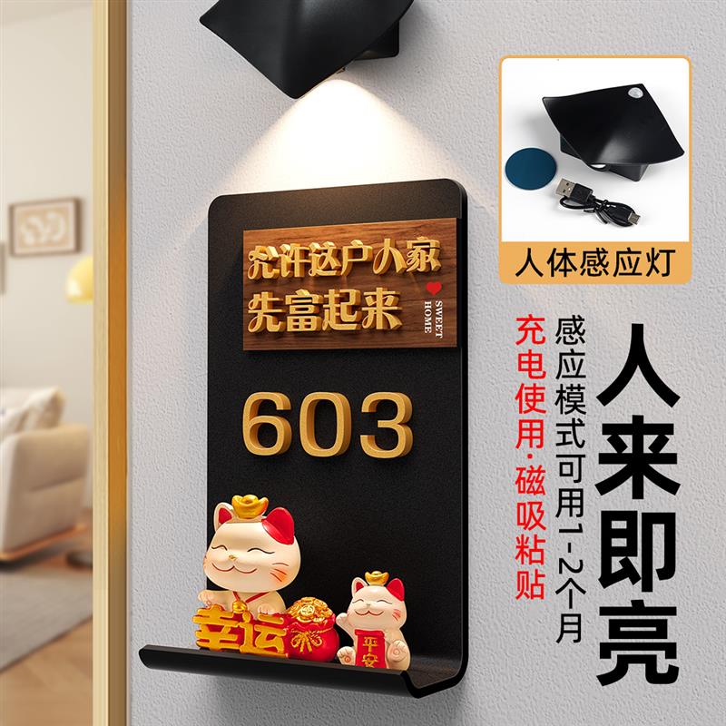 招财猫入户门牌号高级感轻奢创意家用可爱竖版定制家庭卧室房间感