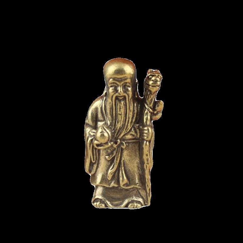 黄铜做旧托桃老寿星桌面摆件迷你小铜器手把件纯铜工艺品长寿仙翁