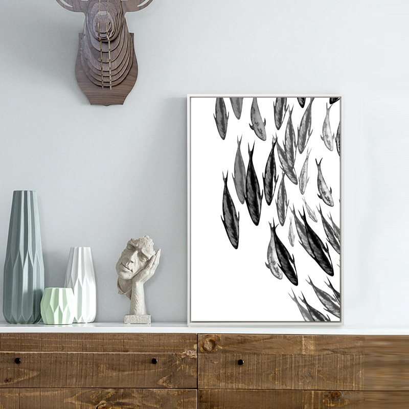 必画北欧简约鱼群艺术黑白灰度三联装饰画客厅背景墙壁画有框挂画