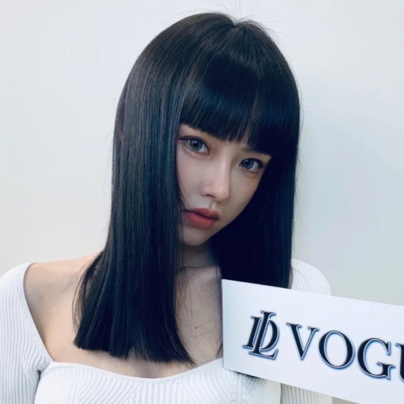 黑色一刀切锁骨发假发女中长发网红漫画刘海长直发自然整顶全头套