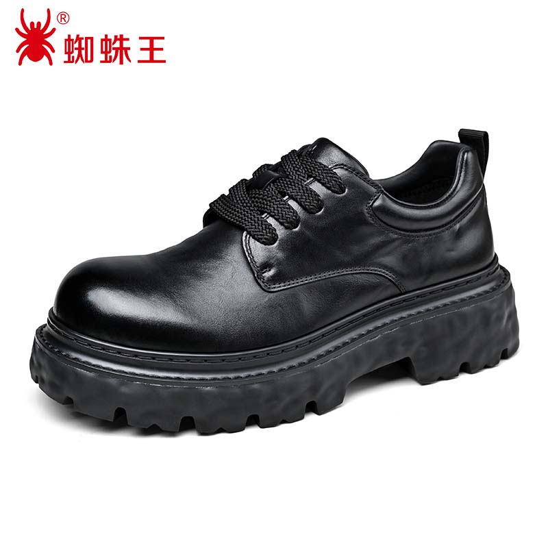 蜘蛛王厚底德比鞋男士黑色系带休闲皮鞋通勤百搭增高