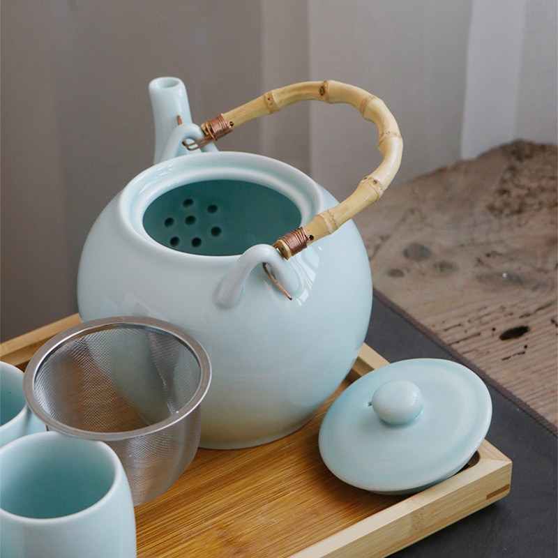 景德镇豆青陶瓷提梁壶茶具套装家用青瓷泡茶壶茶杯茶盘大号简约