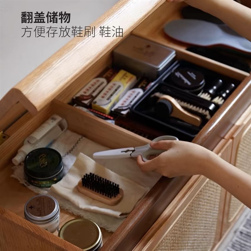 实木原木风换鞋凳家用门口穿鞋凳日式藤编鞋柜双门坐凳一体可储物