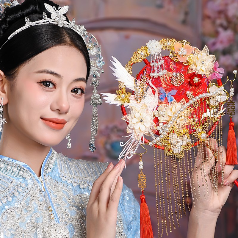 新款新娘团扇结婚出嫁diy材料包喜扇中式手捧花成品双面秀禾婚礼