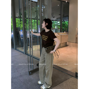 肉桂小姐`如歌`秋日色调棉质黄色咖绿色字母内搭印花短袖T恤上衣