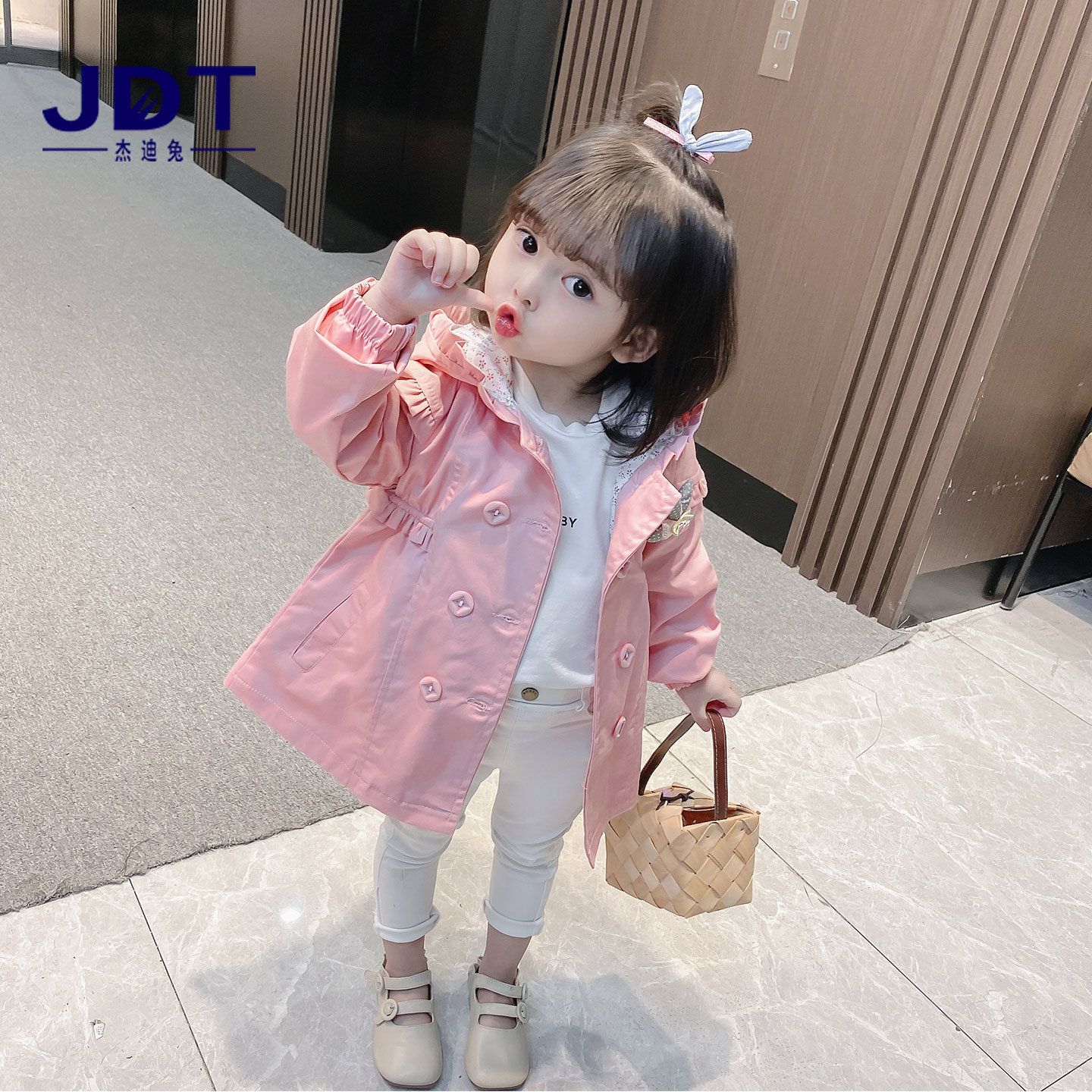 女童春秋中长款双排扣风衣外套
