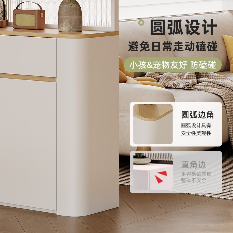奶油风圆弧鞋柜家用门口隔断柜一体玄关柜玻璃屏风入户储物柜定制