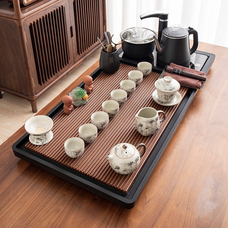 功夫茶具套装家用大号全自动茶台电茶炉烧水壶竹面石底一整套茶盘