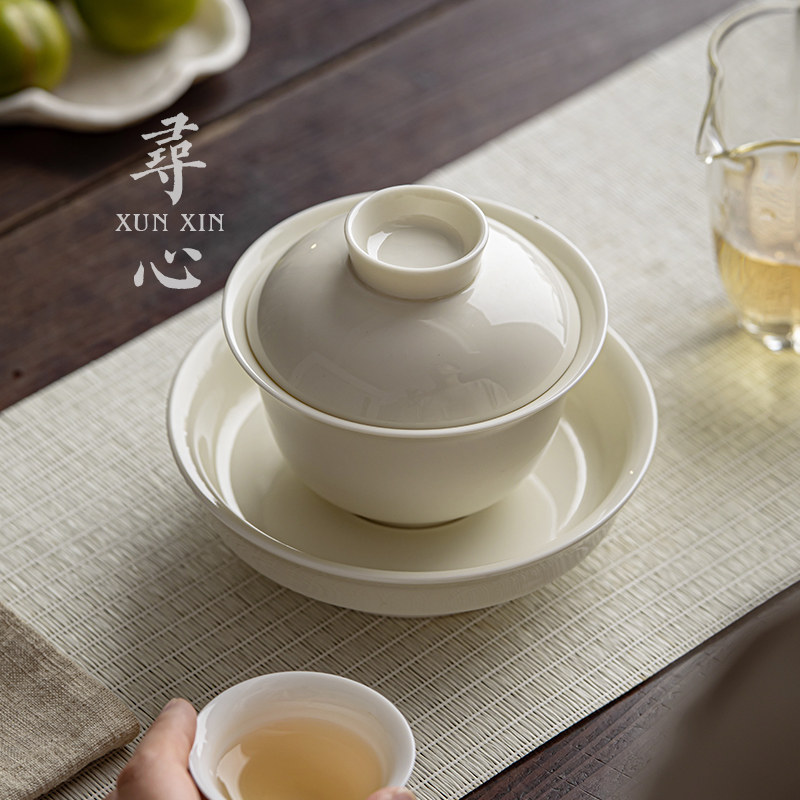 大号杏白釉手工三才盖碗茶杯家用陶瓷单个不烫手泡茶碗普洱茶碗