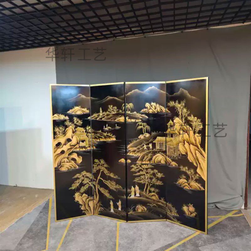 定制黑色底描金山水手绘漆画隔断玄关移动折屏背景墙中古屏风中式