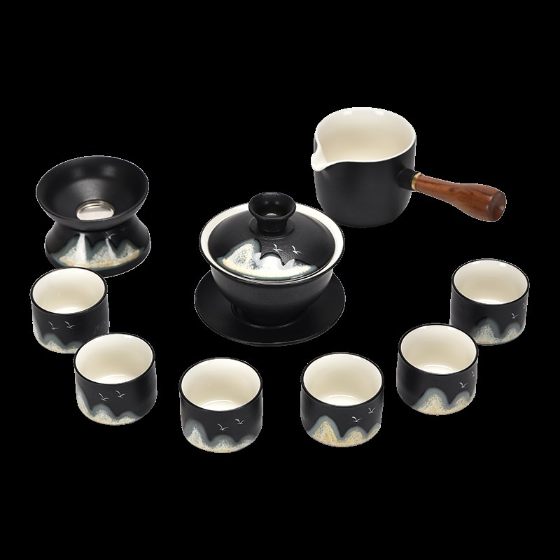 茶具套装家用黑陶手绘远山中式复古全套茶壶盖碗茶杯功夫茶具套装
