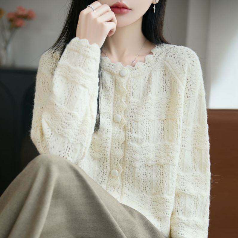 棉纱女圆领长袖秋季休闲简约通勤镂空宽松薄款开衫针织百搭上衣