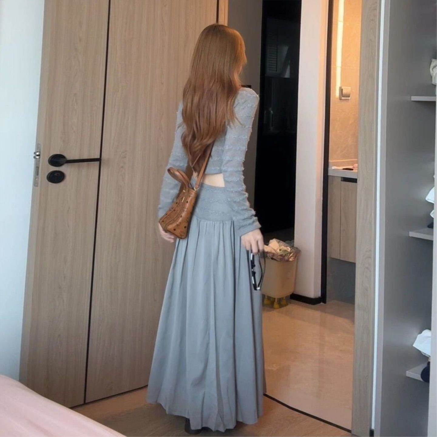 灰色套装长袖针织衫短款开衫女秋季半身长裙高腰裙子温柔风两件套