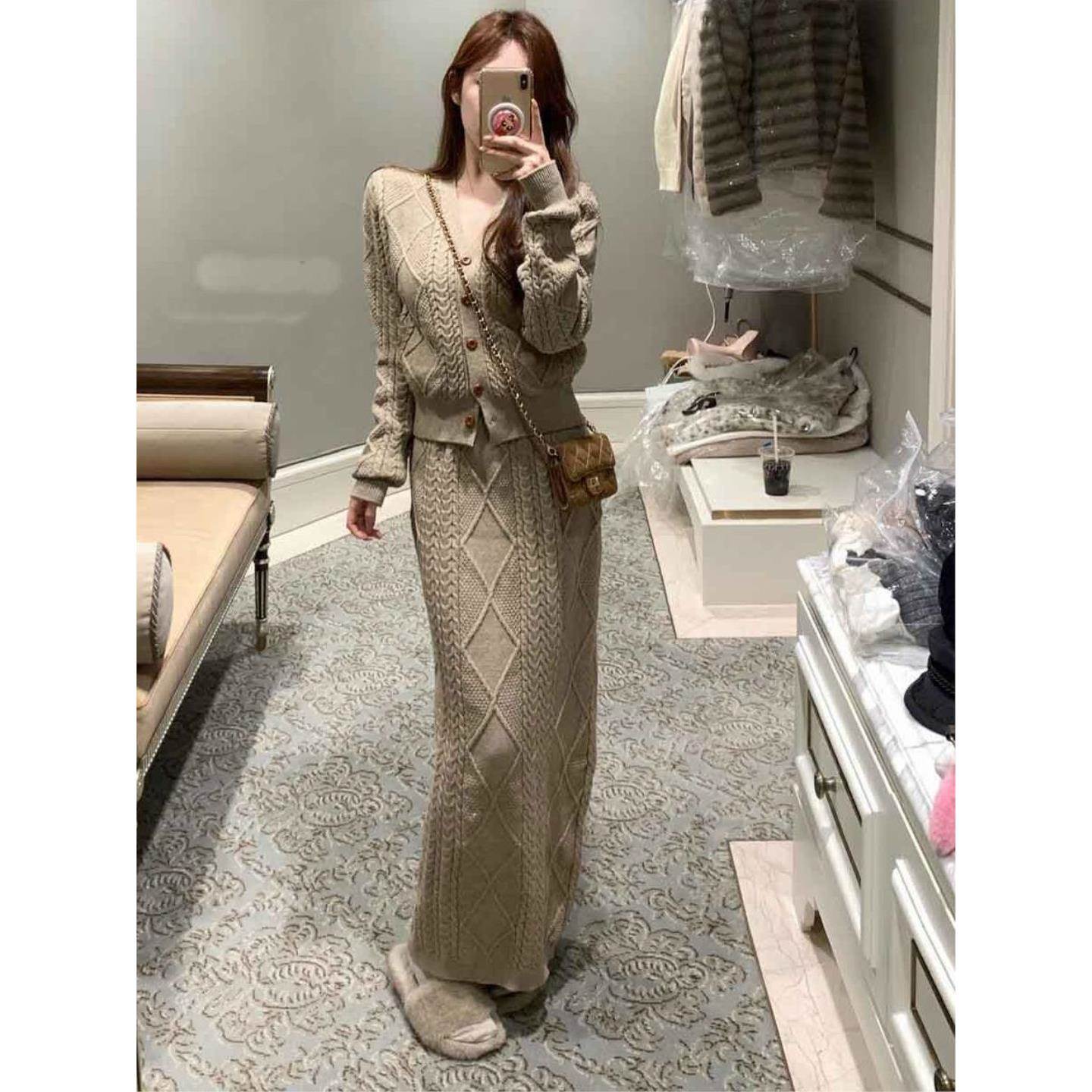 时尚气质名媛大小姐菱格针织套装毛衣开衫半身裙女内搭两件套潮女