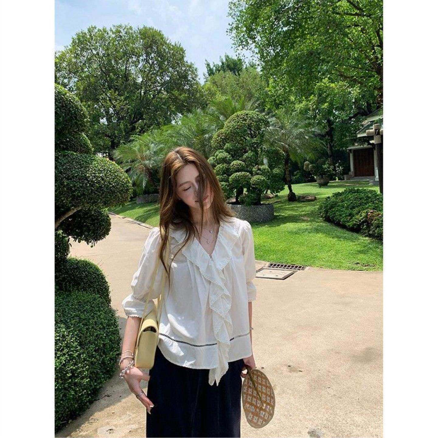 设计感白色荷叶边中袖衬衫女夏设计感衬衣小衫上衣女2026夏季新款