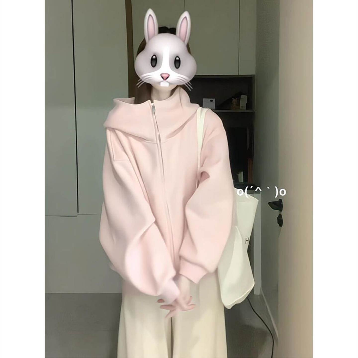 2026新款韩版甜美通勤粉色拉链连帽卫衣女秋冬宽松学生开衫外套潮