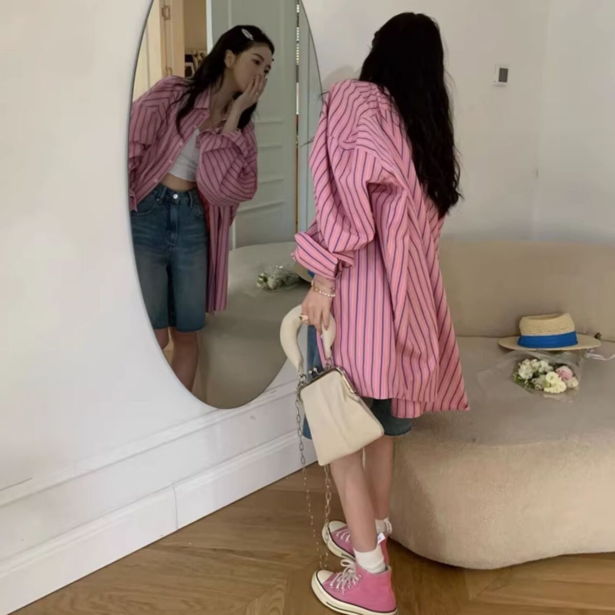 粉色撞条纹衬衫女夏季新款
