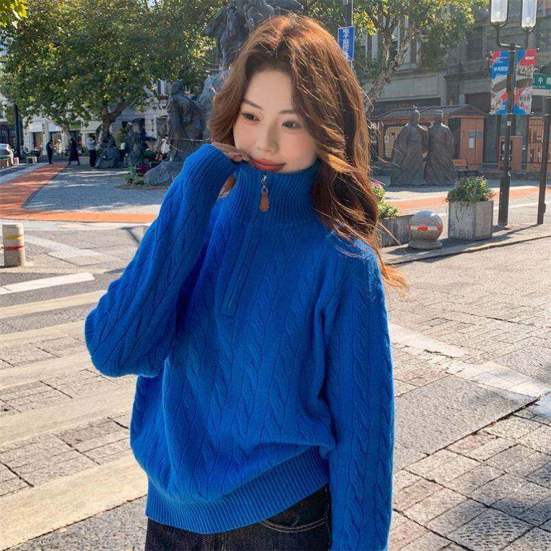 秋冬加厚高领克莱因蓝毛衣女新款麻花半拉链针织衫宽松慵懒上衣洋