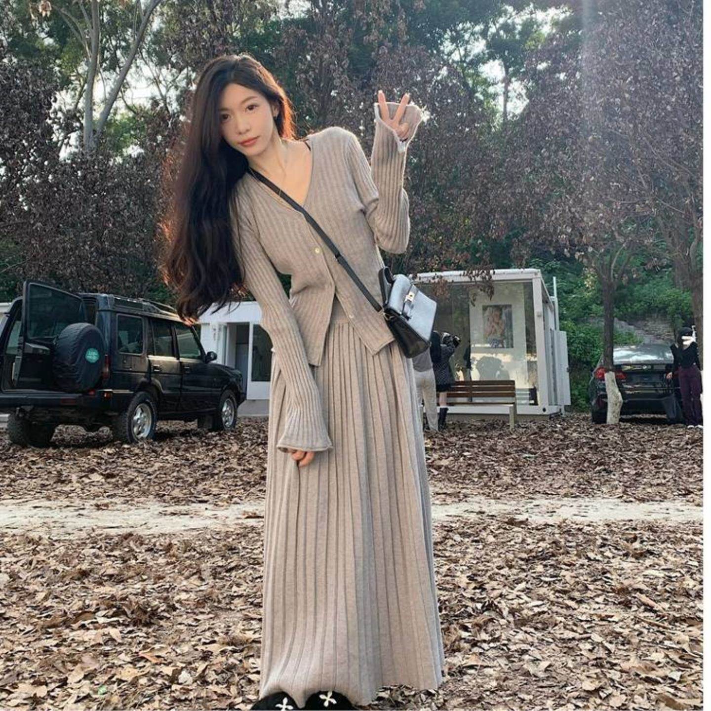 领长袖时尚式开衫外套女2026法高腰百褶长裙两件套小众针织套装