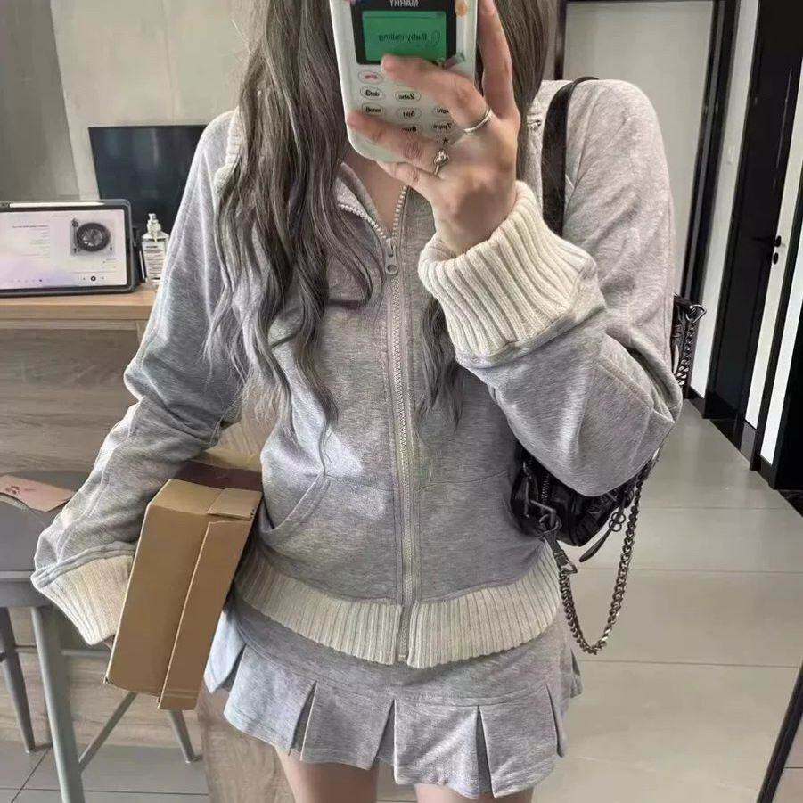 美式辣妹拼接螺纹翻领针织开衫外套显瘦气质百搭休闲高腰短裙套装