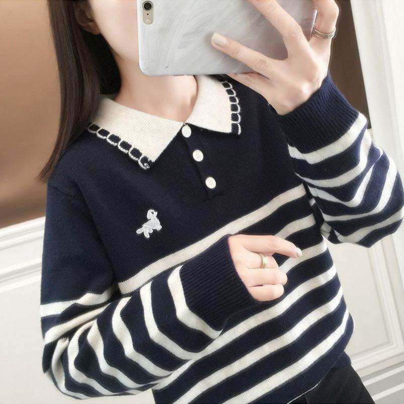 学院初中生娃娃领条纹少女毛衣高中学生秋冬新款大童针织上衣打底