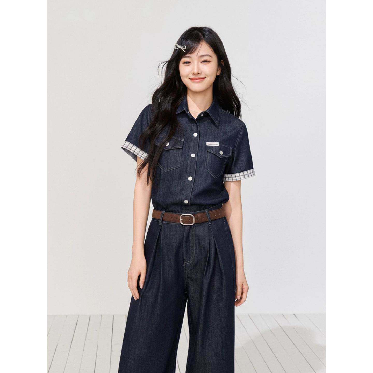 夏季原色薄棉牛仔套装女款2026新款轻薄上衣阔腿裤夏日穿搭一整套
