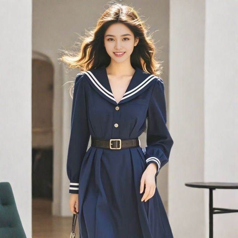 2026早秋装新款女装韩系穿搭高级感洋气别致藏青色海军领连衣裙子