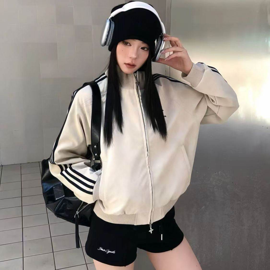 皮衣美式三条杠夹克女秋季潮牌学院风撞色立领皮外套上衣