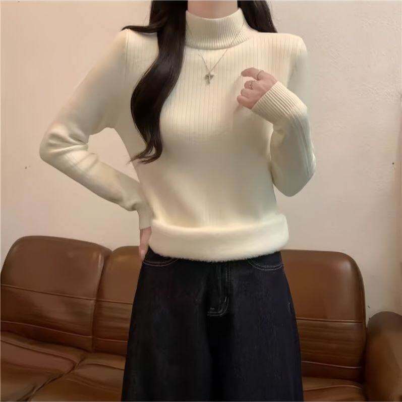 加绒毛衣女加厚保暖2026秋季新款修身显瘦内搭半高领打底衫上衣潮